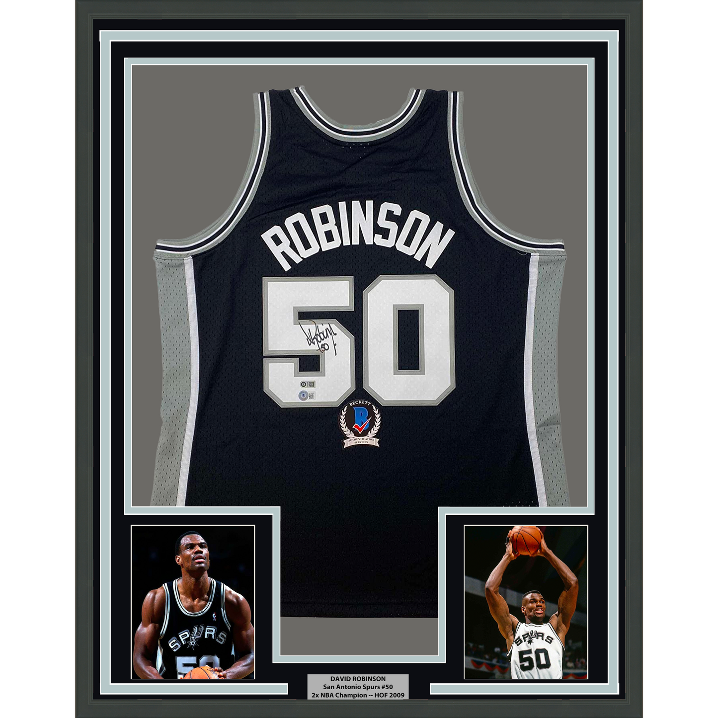 Framed Autographed/Signed David Robinson 35x39 San Antonio Spurs Black Authentic M&N Basketball Jersey Beckett BAS COA