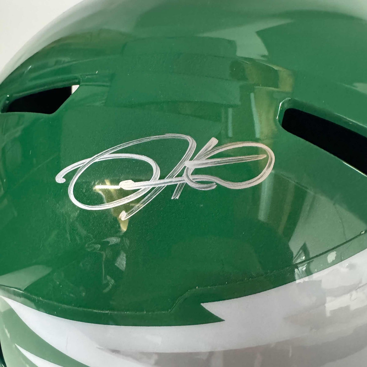 Autographed Philadelphia Eagles Jalen Hurts Kelly Green Full Size Replica Football Helmet