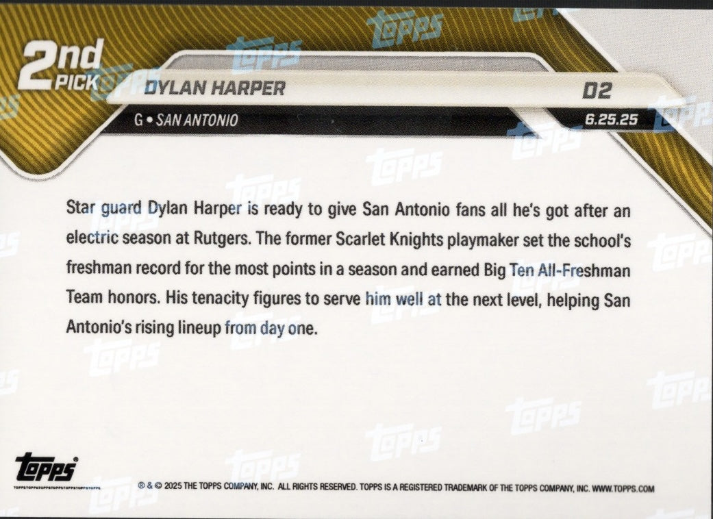 San Antonio Spurs Dylan Harper 2025 Rookie Topps Basketball Card