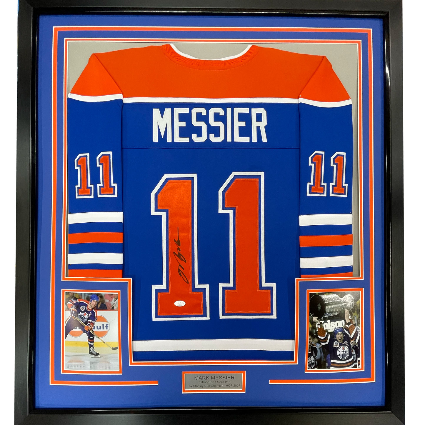 Framed Autographed/Signed Mark Messier 35x39 Edmonton Blue Hockey Jersey JSA COA