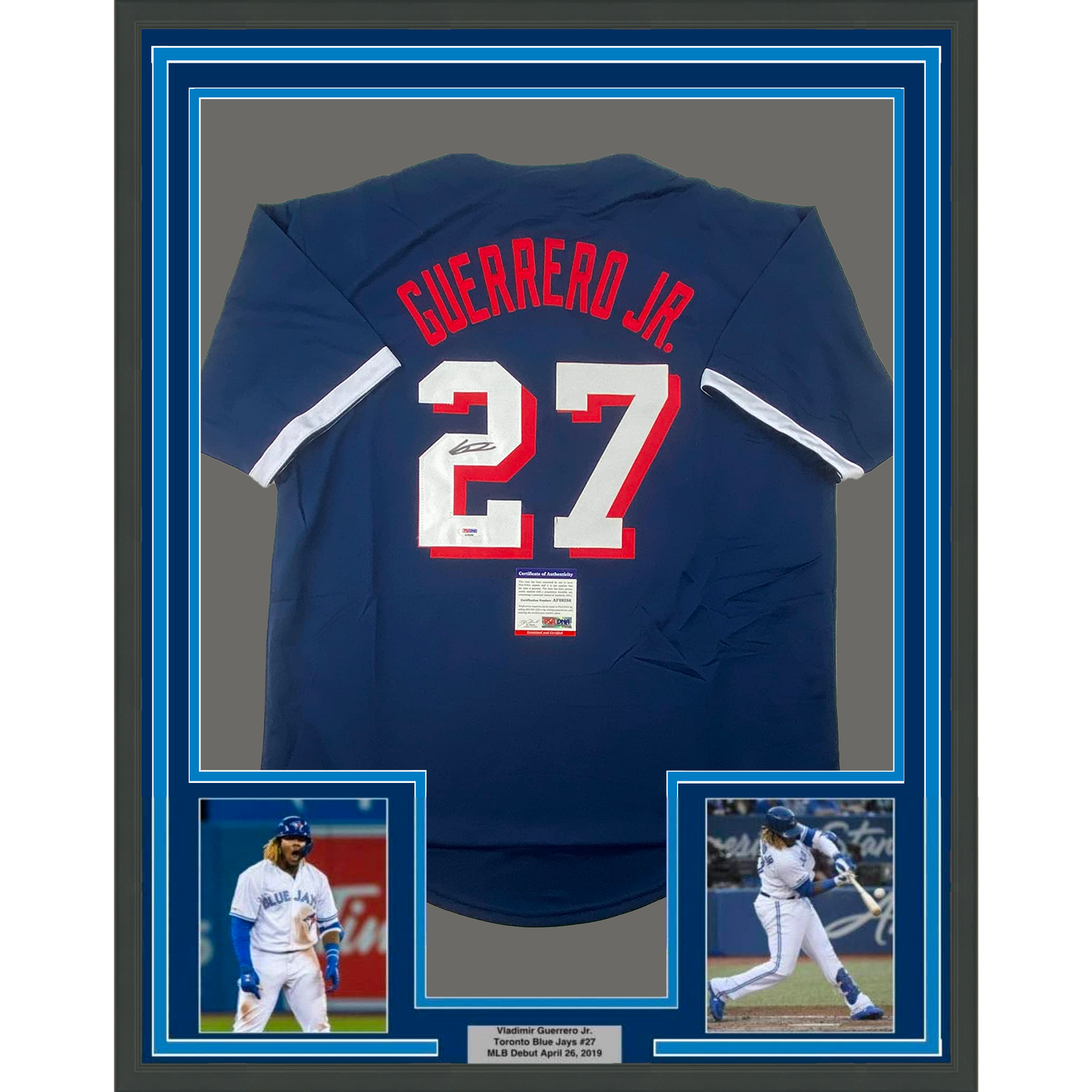 Framed Autographed Vladimir Vlad Guerrero Jr. 35x39 2021 All-Star Game Blue Baseball Jersey