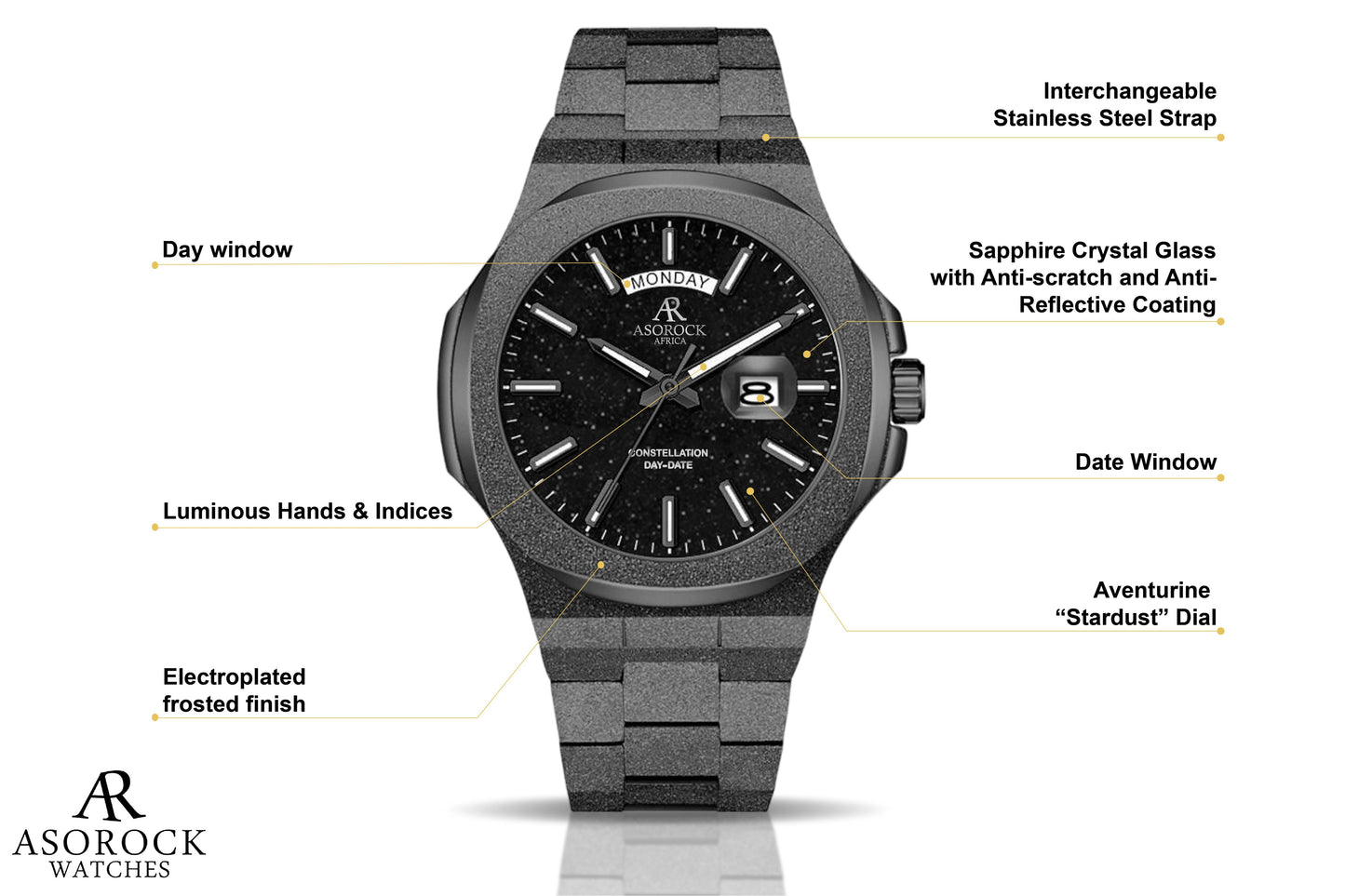 All Black frosted stardust Constellation Day-Date - from ASOROCK WATCHES a black african american owned luxury unique watch brand with swiss rolex, Audemars Piguet, patek homage inspired style watches. Also a custom vvs moissanite diamond watch maker.