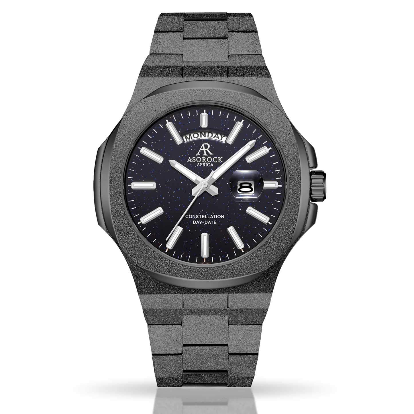 All Black frosted stardust Constellation Day-Date - from ASOROCK WATCHES a black african american owned luxury unique watch brand with swiss rolex, Audemars Piguet, patek homage inspired style watches. Also a custom vvs moissanite diamond watch maker.