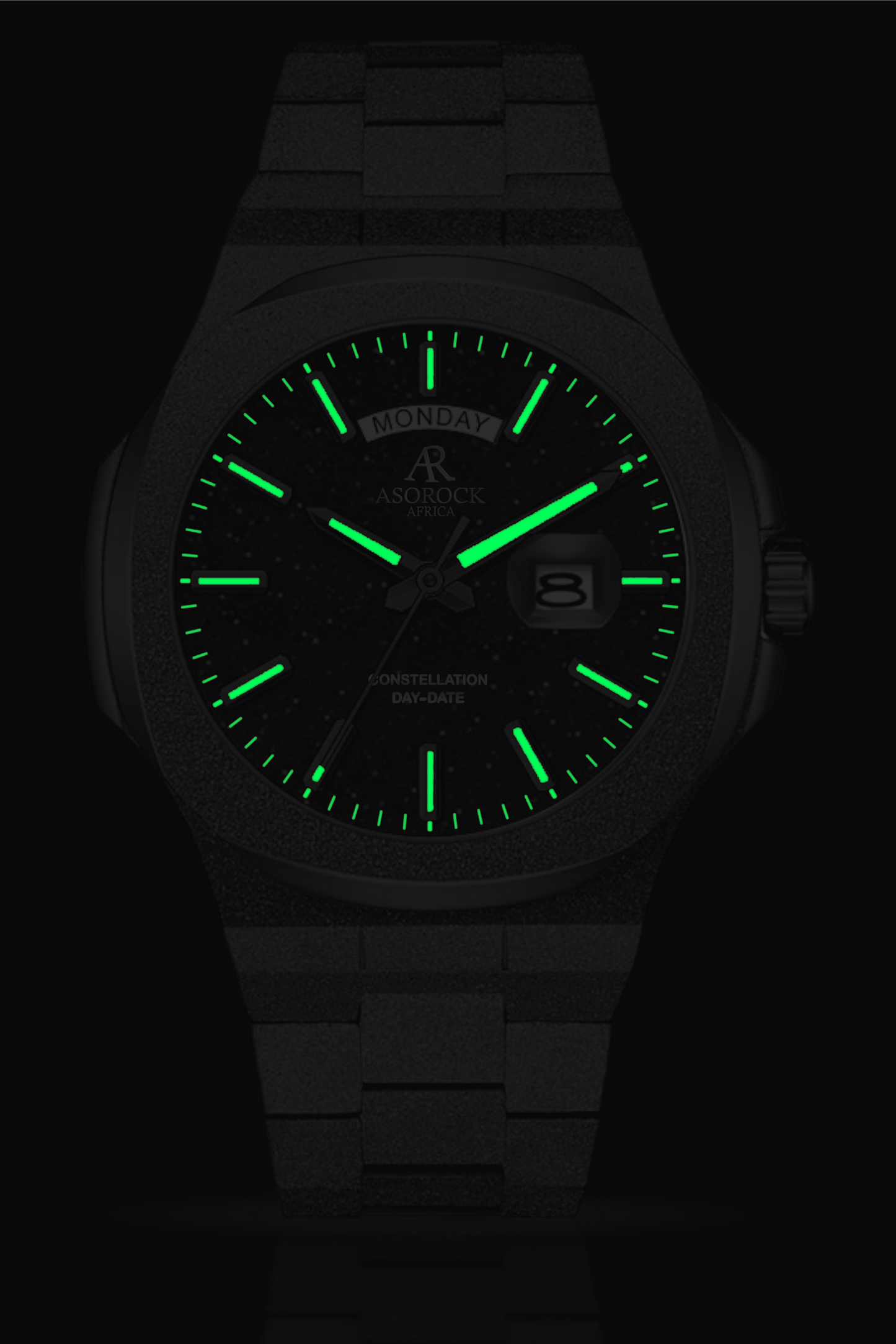 All Black frosted stardust Constellation Day-Date - from ASOROCK WATCHES a black african american owned luxury unique watch brand with swiss rolex, Audemars Piguet, patek homage inspired style watches. Also a custom vvs moissanite diamond watch maker.