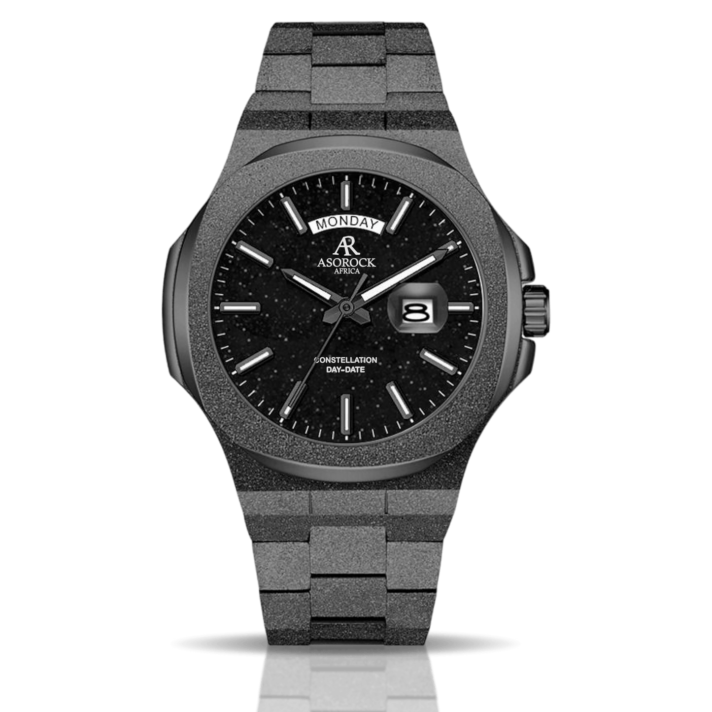 All Black frosted stardust Constellation Day-Date - from ASOROCK WATCHES a black african american owned luxury unique watch brand with swiss rolex, Audemars Piguet, patek homage inspired style watches. Also a custom vvs moissanite diamond watch maker.