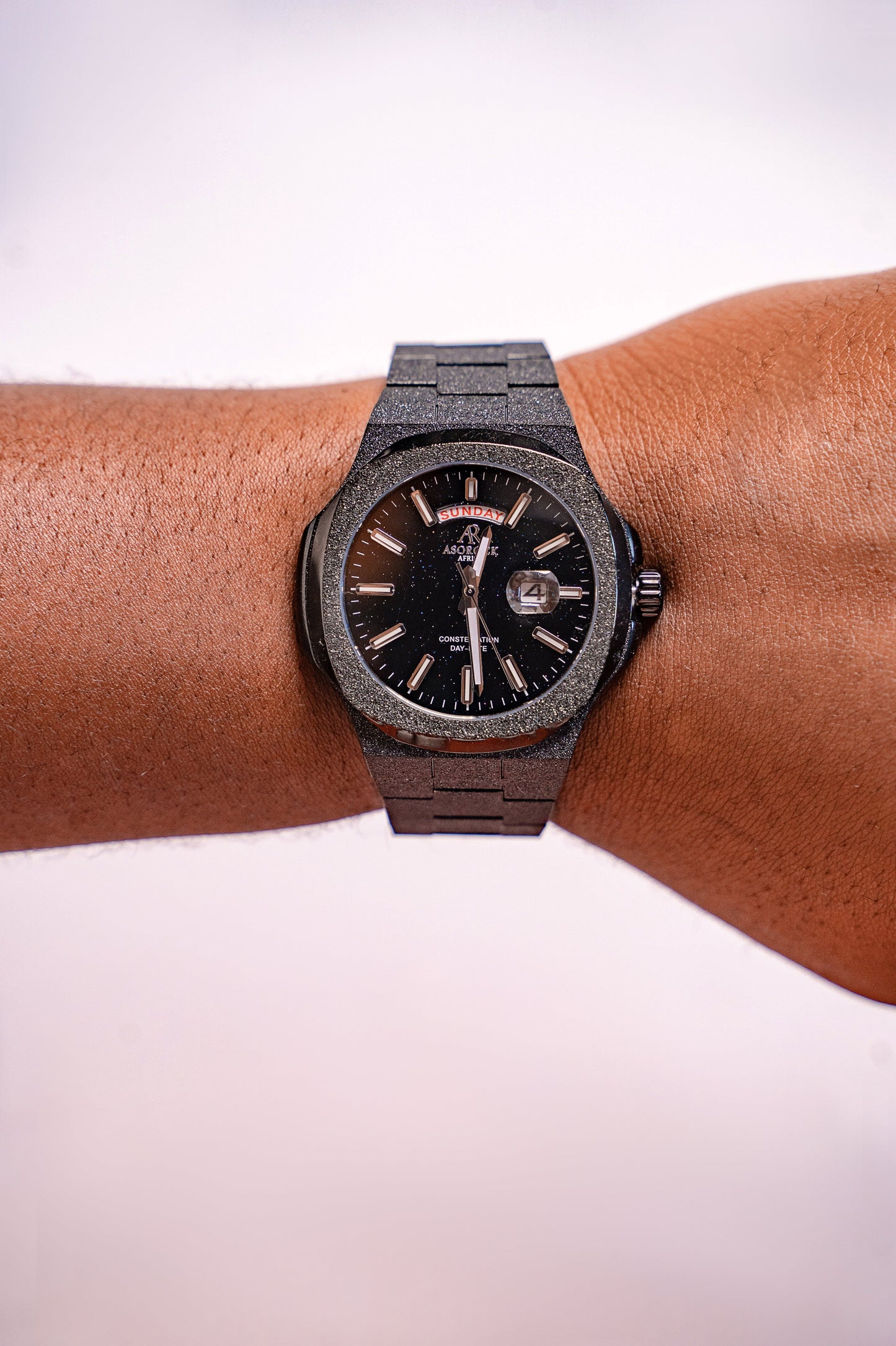 All Black frosted stardust Constellation Day-Date - from ASOROCK WATCHES a black african american owned luxury unique watch brand with swiss rolex, Audemars Piguet, patek homage inspired style watches. Also a custom vvs moissanite diamond watch maker.