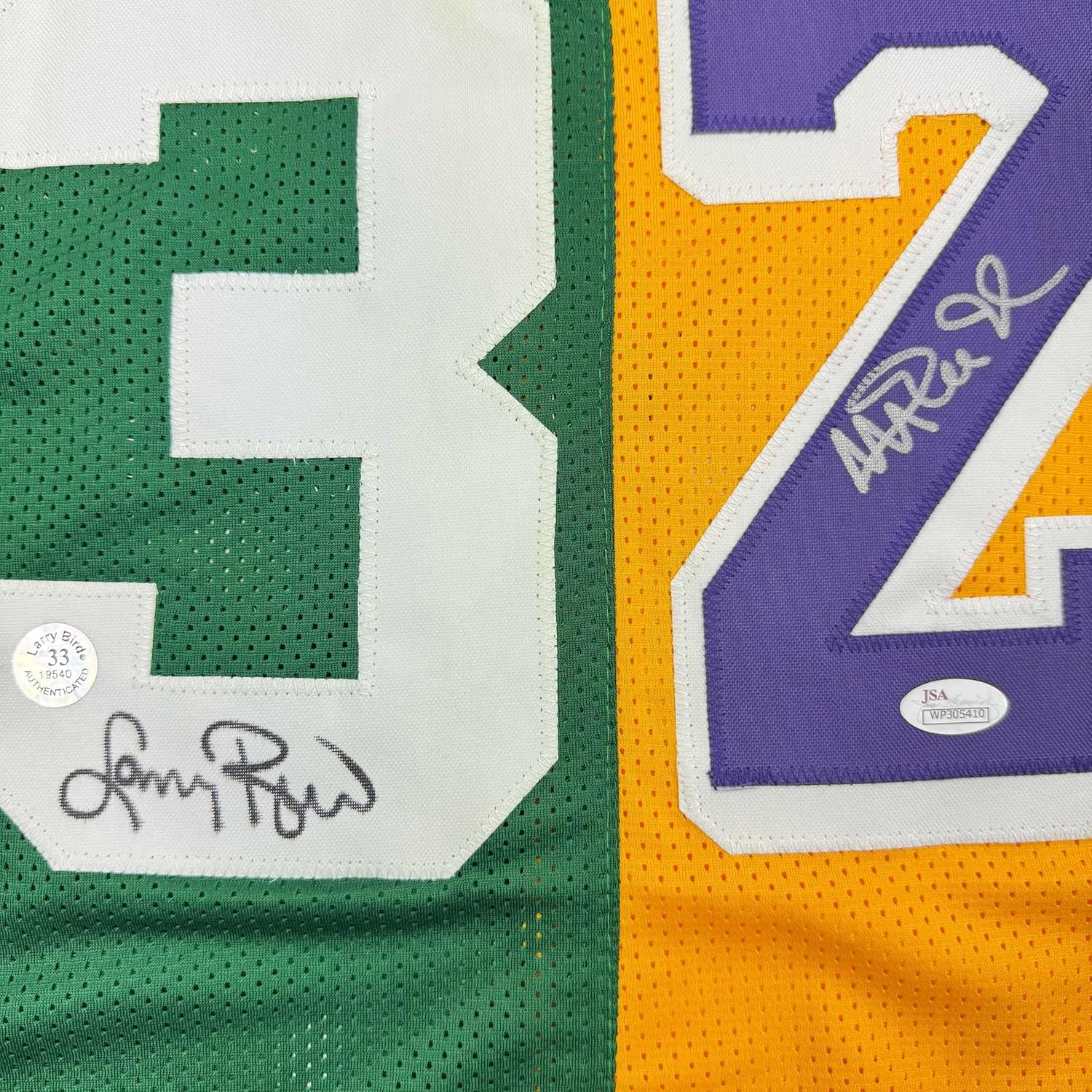 Autographed Larry Bird & Magic Johnson Framed Dual Basketball Jersey