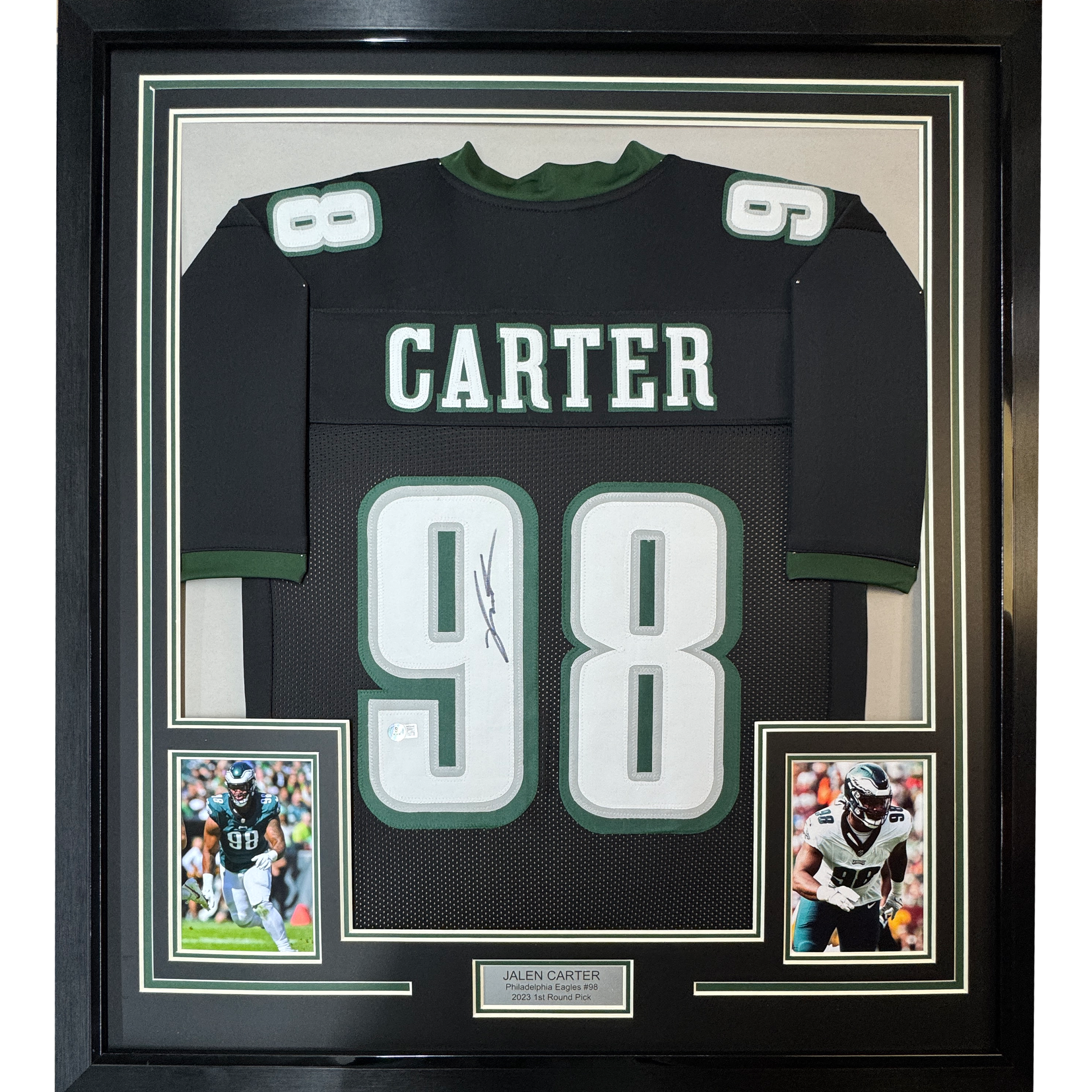 Framed Autographed/Signed Jalen Carter 35x39 Philadelphia Black Football Jersey Beckett BAS COA