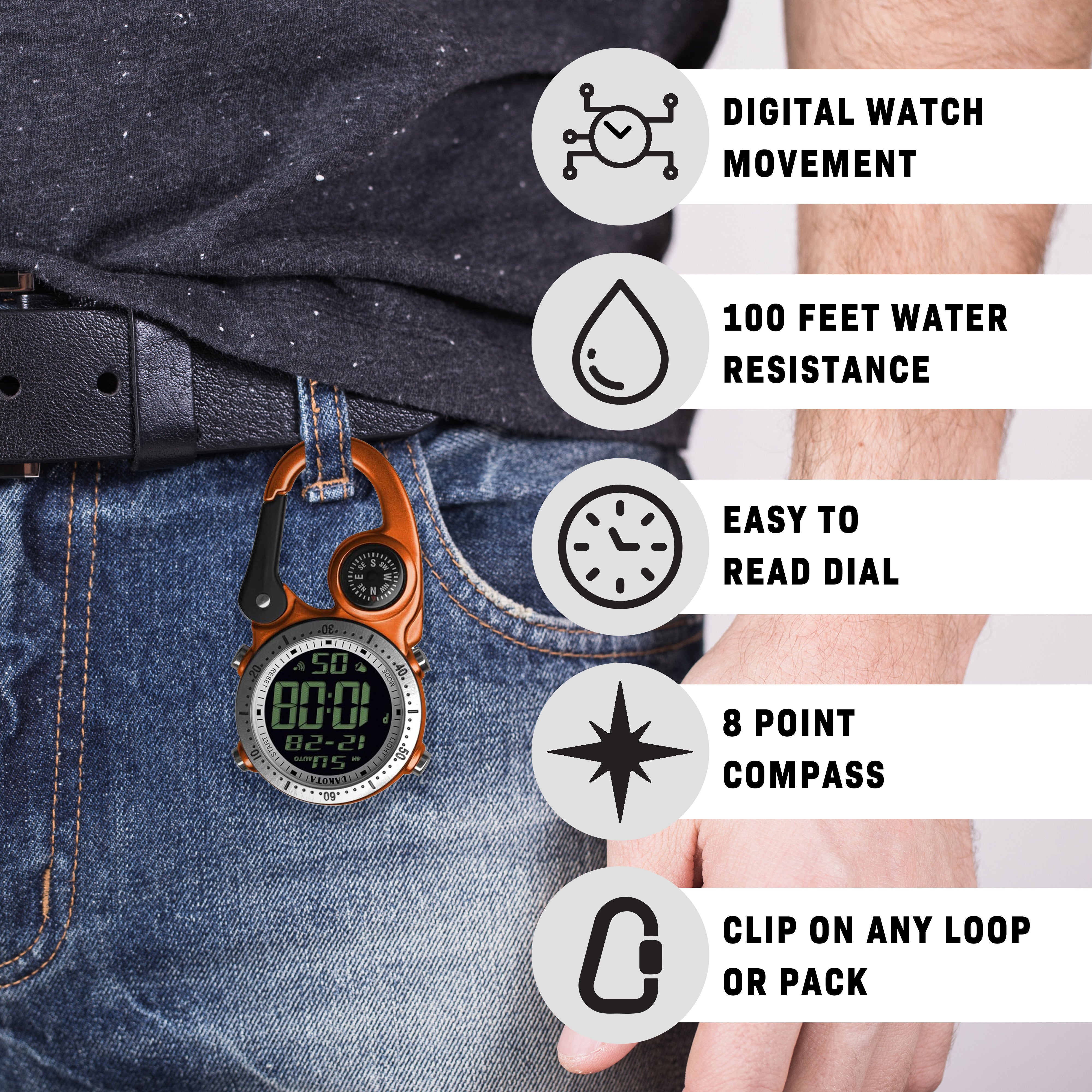 Digital Clip Watch in Orange