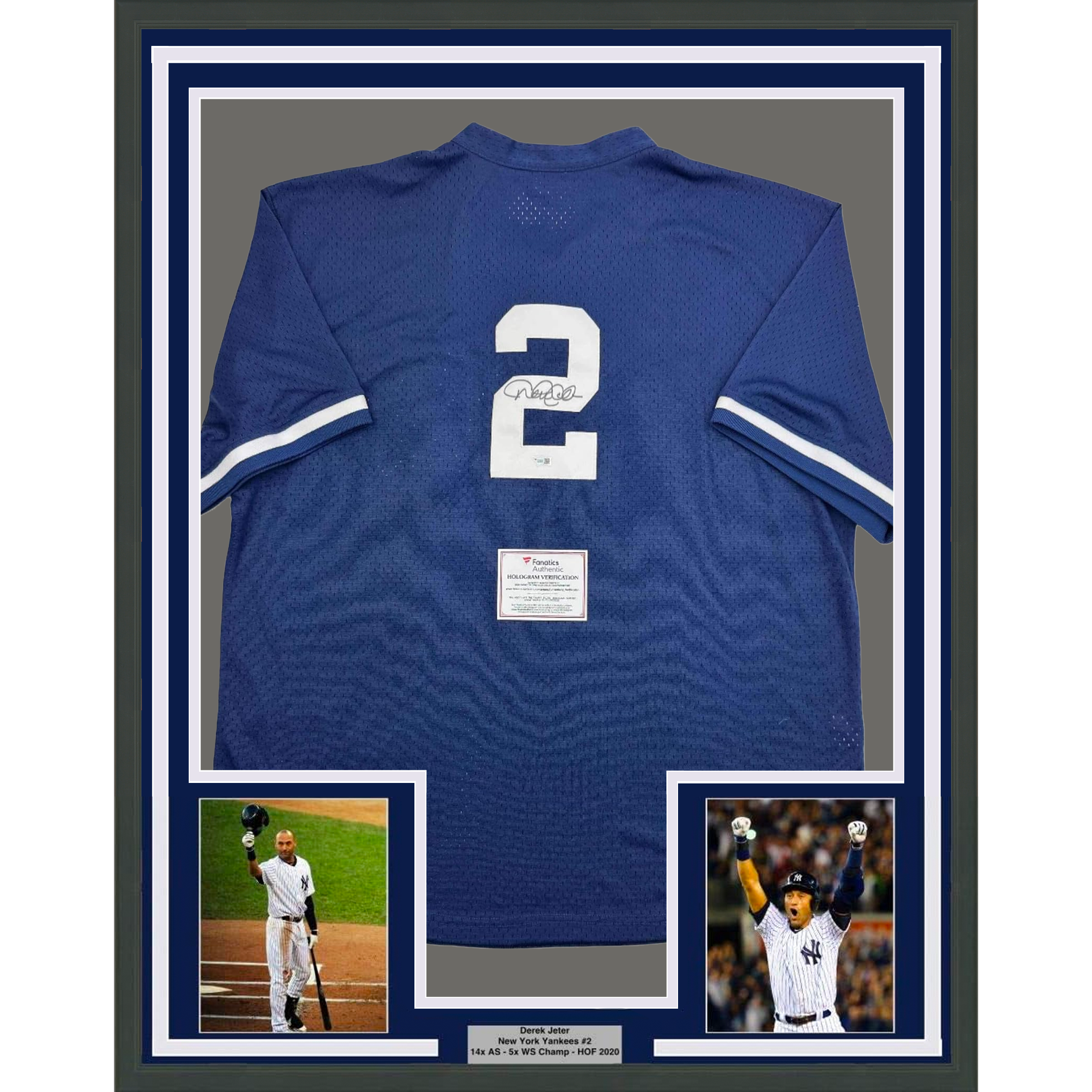 Framed Autographed/Signed Derek Jeter 35x39 New York Yankees Blue Mitchell & Ness Baseball Jersey Fanatics COA