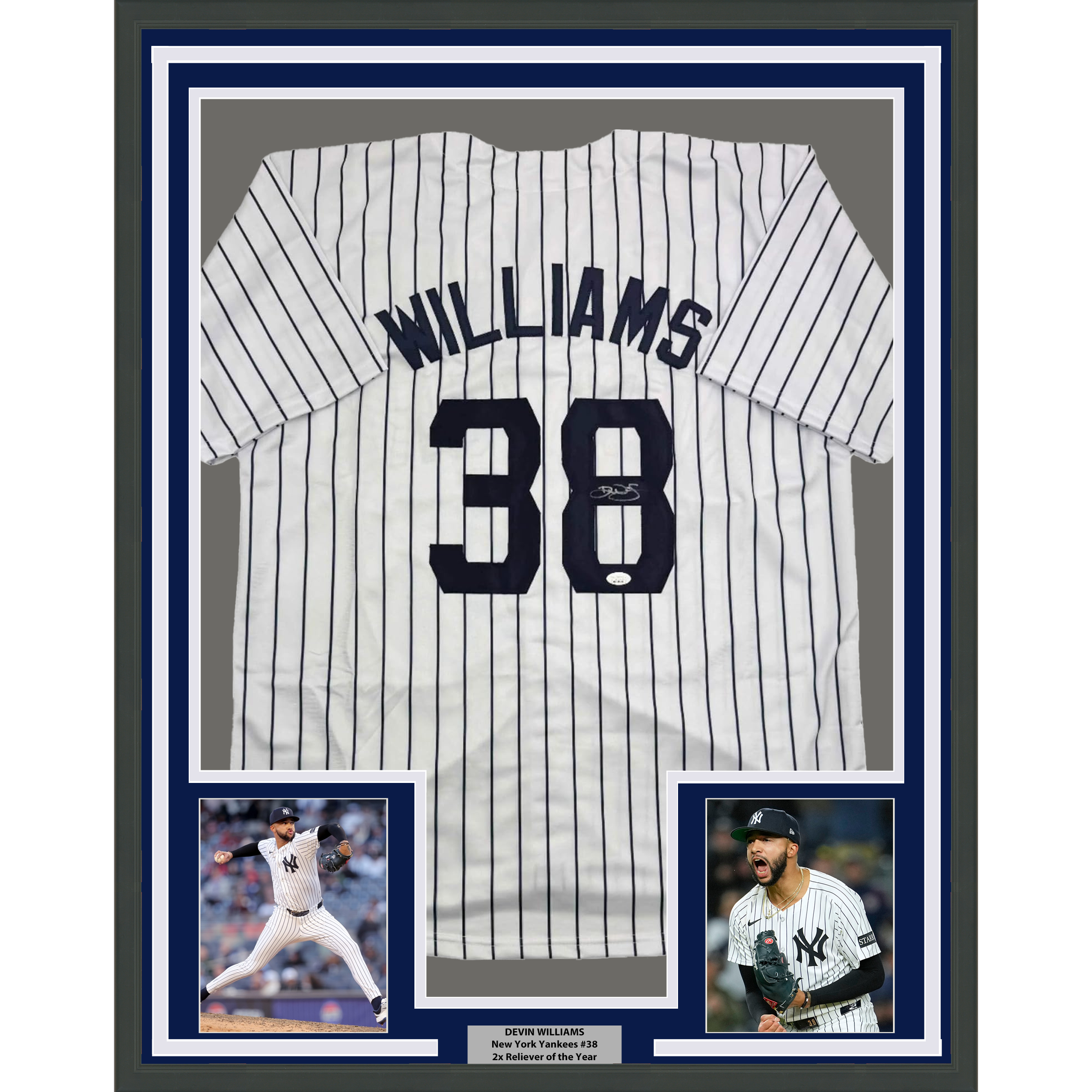 Framed Autographed/Signed Devin Williams 35x39 New York Pinstripe Baseball Jersey JSA COA
