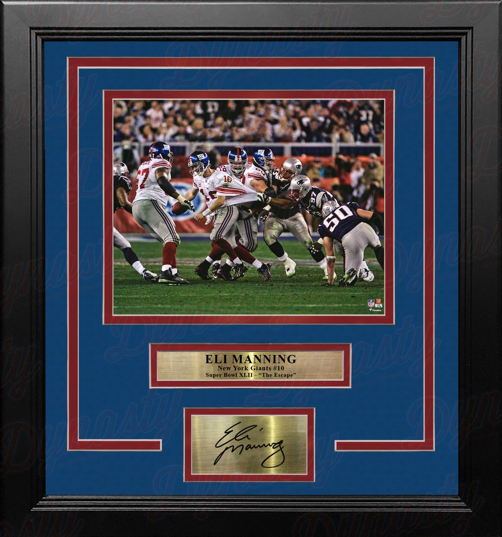Autographed New York Giants Eli Manning Super Bowl XLII Sack Escape Framed Photo