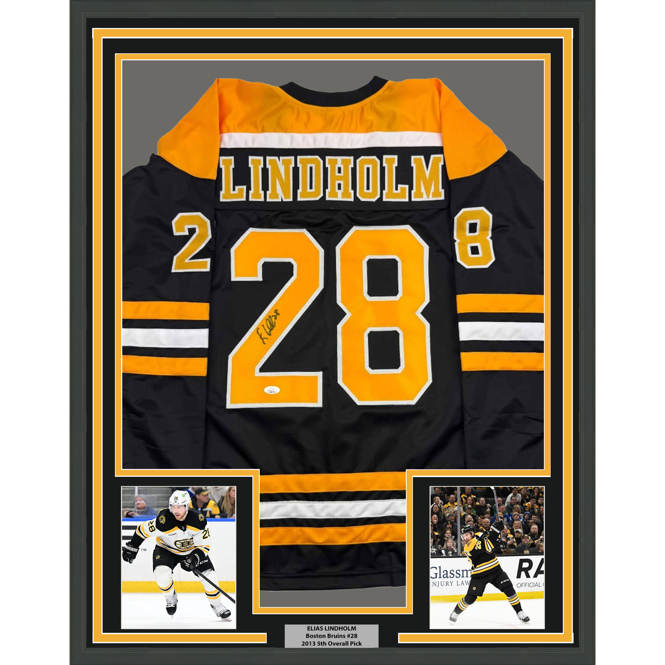 Framed Autographed/Signed Elias Lindholm 35x39 Boston Black Hockey Jersey JSA COA