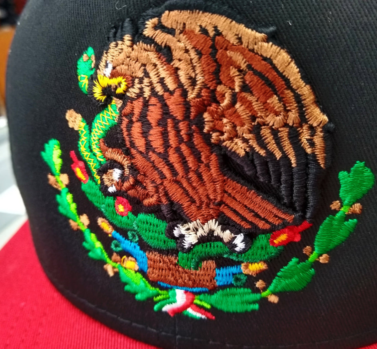 Embroidered Snapback Shield & Mexico Flag Black & Red Hat
