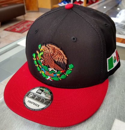 Embroidered Snapback Shield & Mexico Flag Black & Red Hat