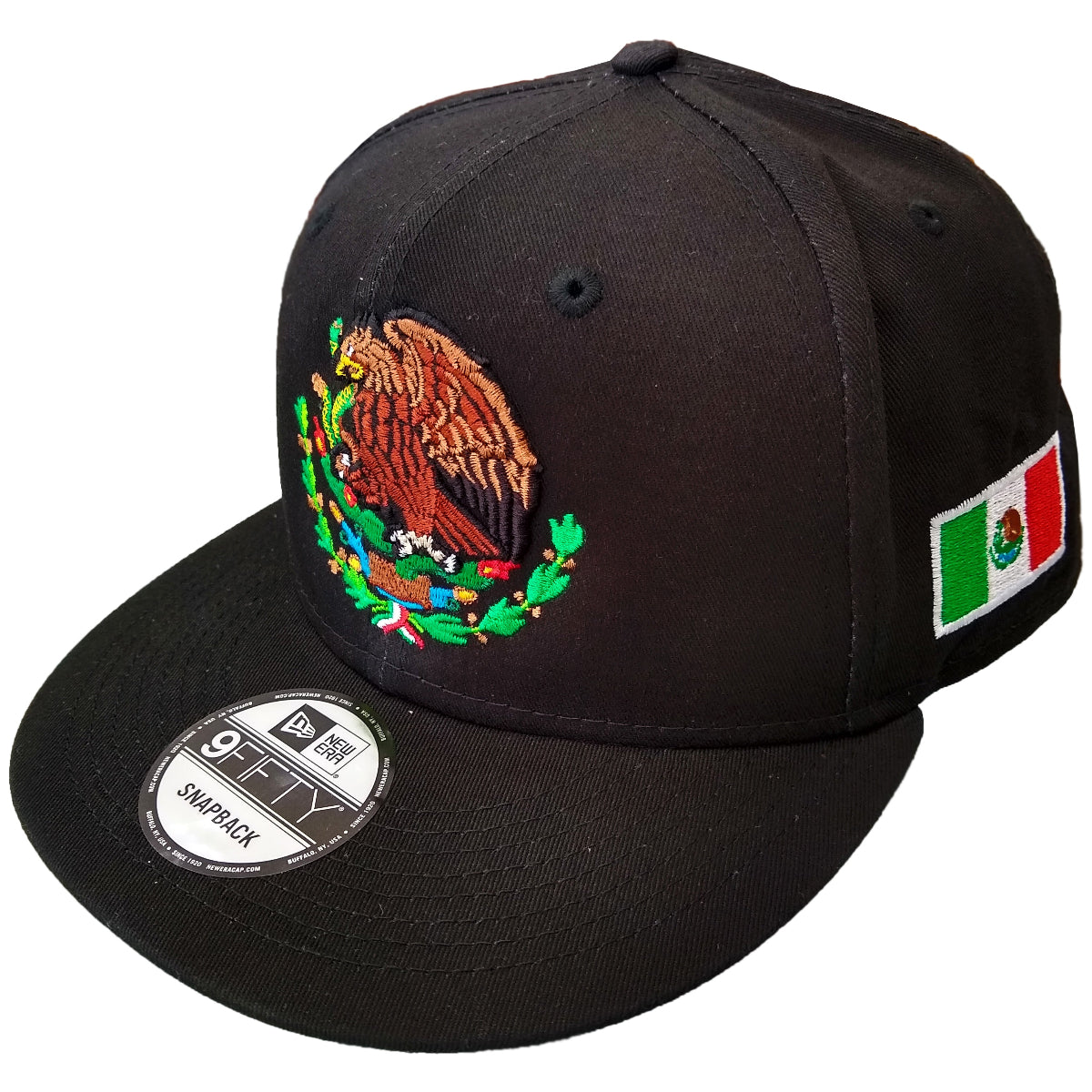 Embroidered Shield & Mexico Flag Snapback Black Hat