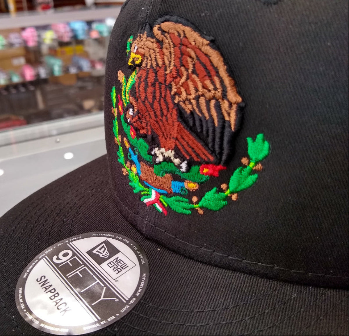 Embroidered Shield & Mexico Flag Snapback Black Hat