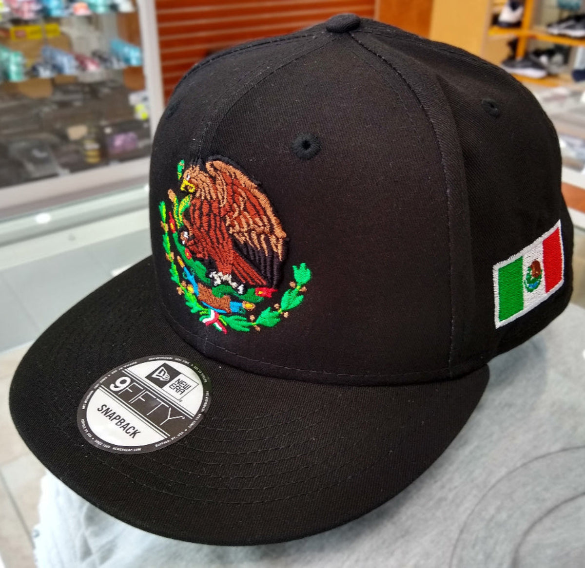 Embroidered Shield & Mexico Flag Snapback Black Hat
