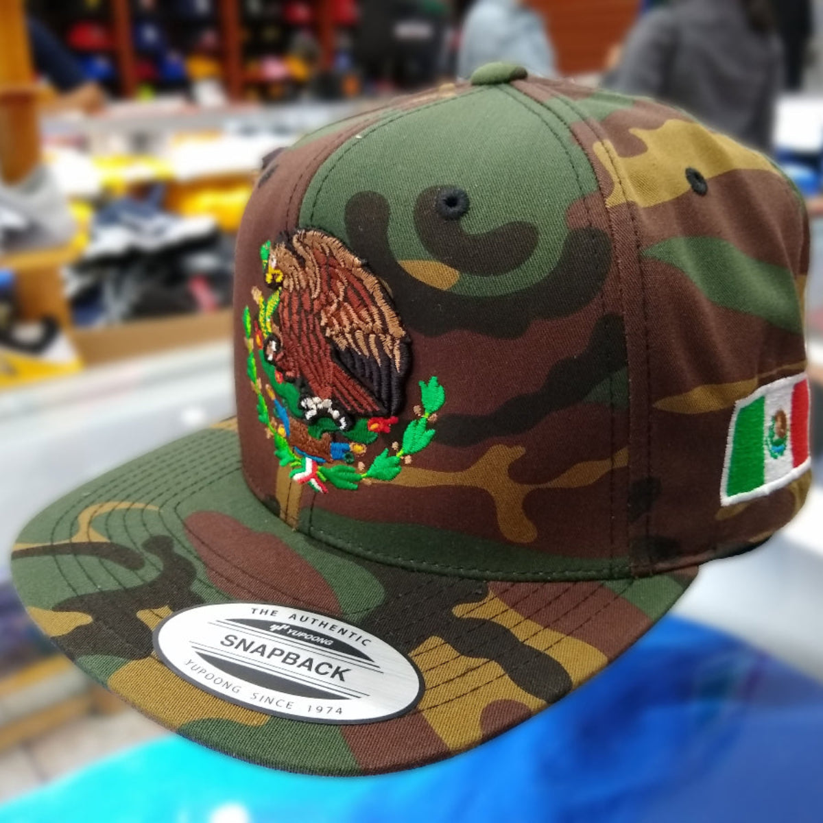 Embroidered Shield & Mexico Flag Snapback Camouflage Hat