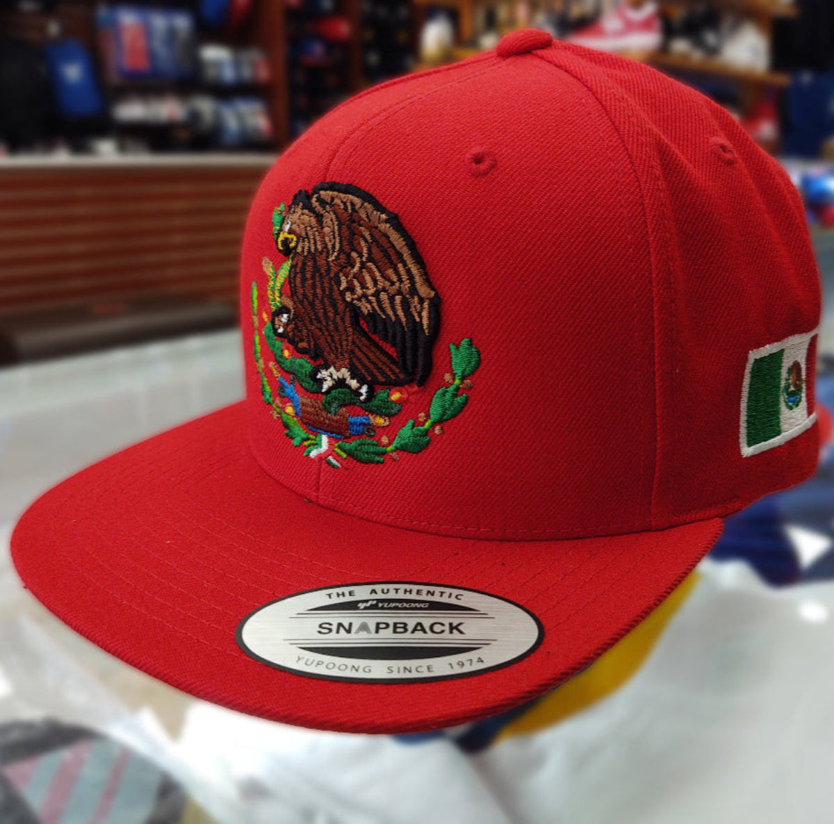 Embroidered Shield & Mexico Flag Red Snapback Hat