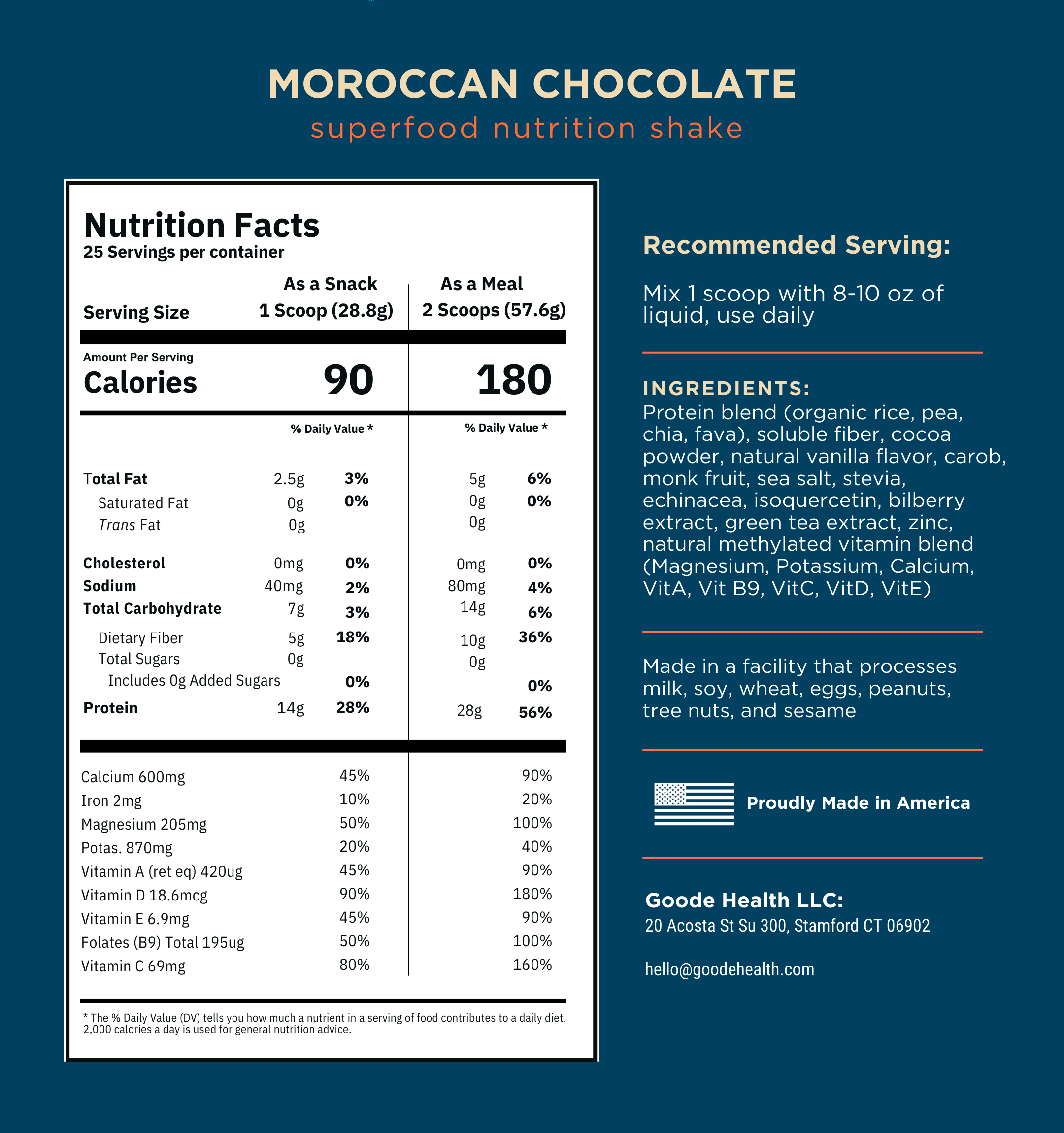 goode health ingredients, moroccan chocolate, nutrition facts panel, superfood