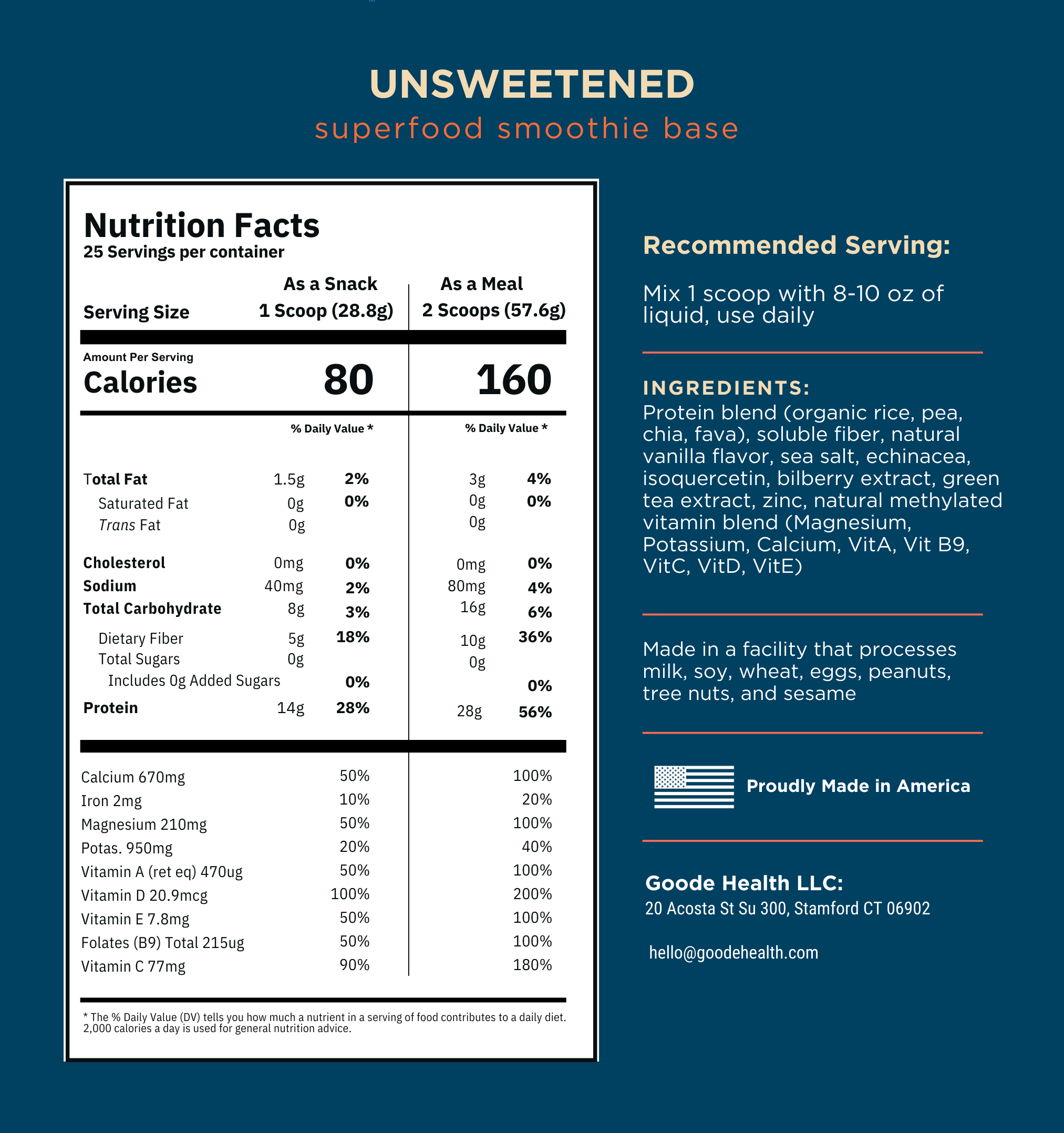 goode health ingredients, unsweetened, smoothie base, superfood, nutrition facts panel