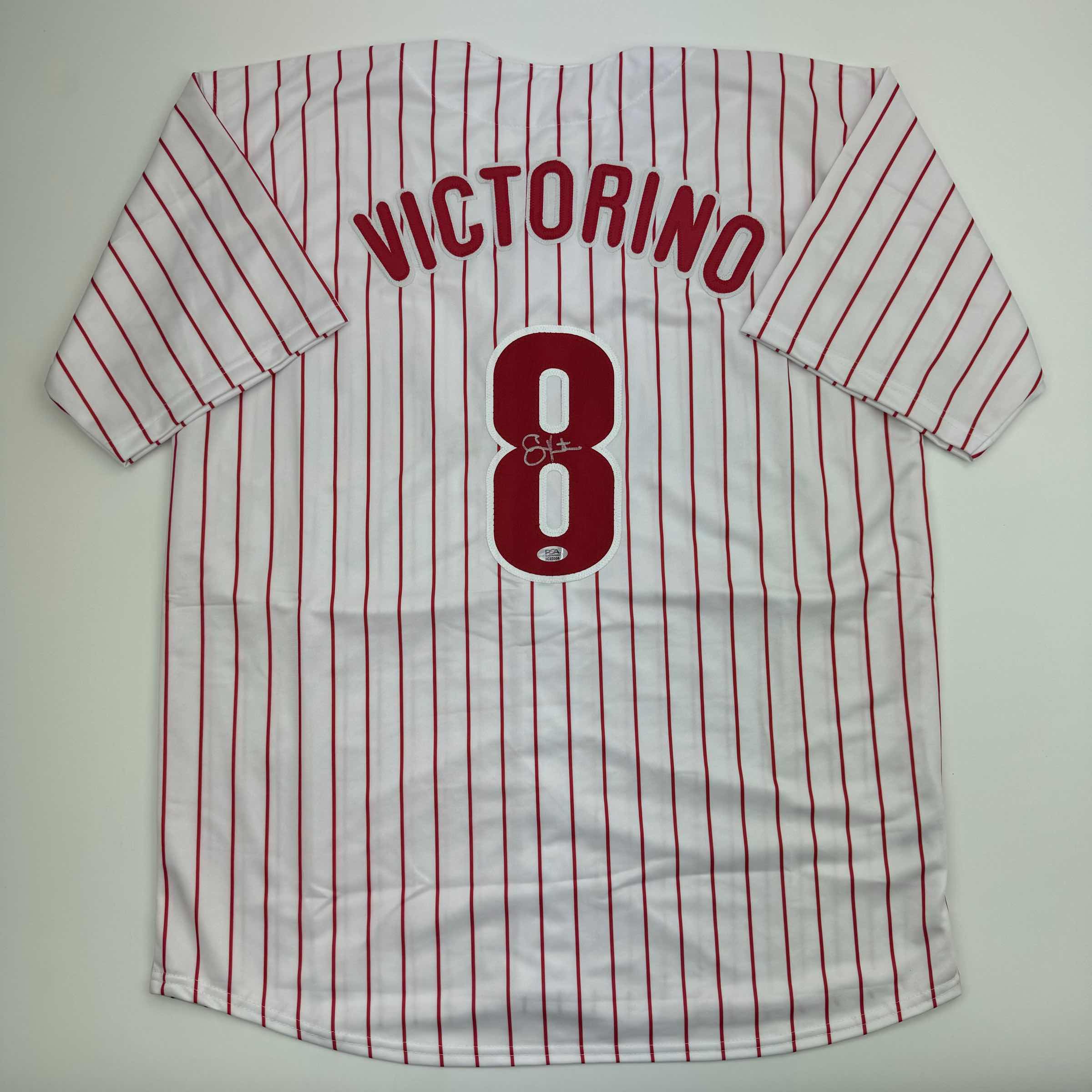 Autographed Shane Victorino Philadelphia Pinstripe Baseball Jersey