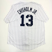 Autographed/Signed Jazz Chisholm Jr. New York Pinstripe Baseball Jersey Beckett BAS COA