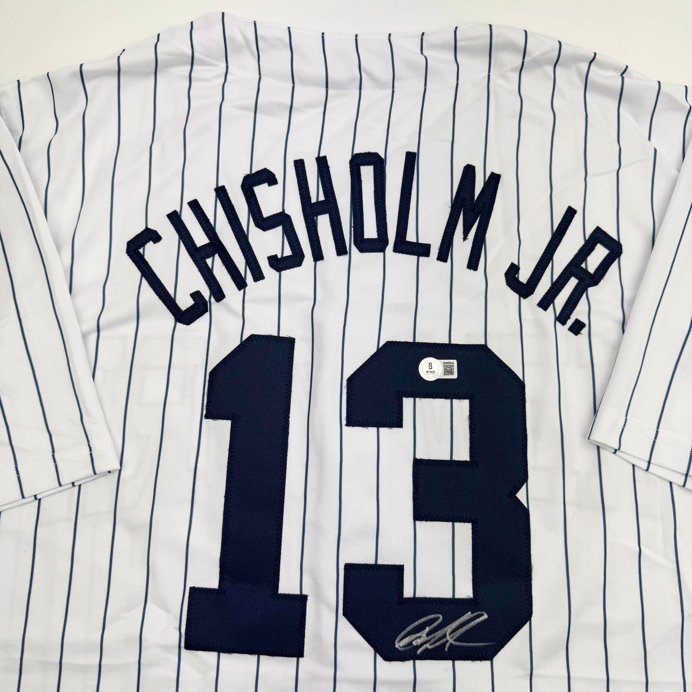 Autographed/Signed Jazz Chisholm Jr. New York Pinstripe Baseball Jersey Beckett BAS COA