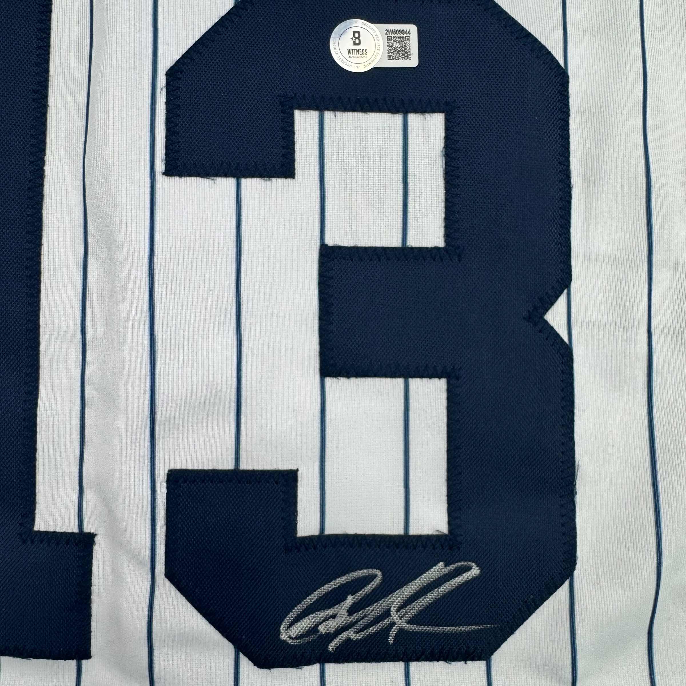 Autographed/Signed Jazz Chisholm Jr. New York Pinstripe Baseball Jersey Beckett BAS COA