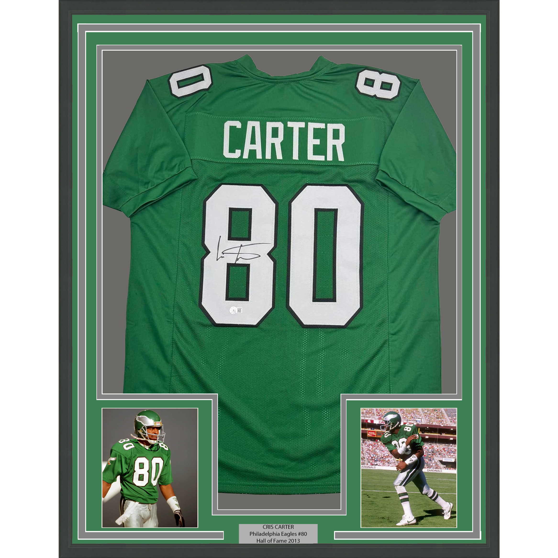 Framed Autographed/Signed Cris Carter 35x39 Philadelphia Kelly Green Football Jersey Beckett BAS COA