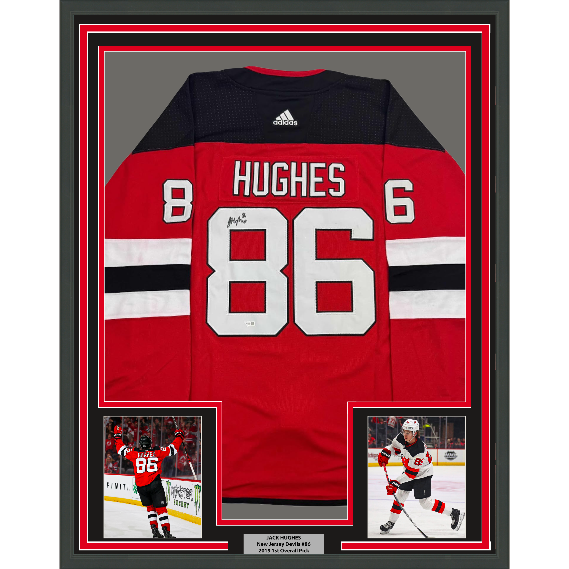 Framed Autographed Jack Hughes 35x39 New Jersey Devils Authentic Red Hockey Jersey