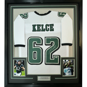 Framed Autographed/Signed Jason Kelce 35x39 Philadelphia White Football Jersey PSA/DNA COA