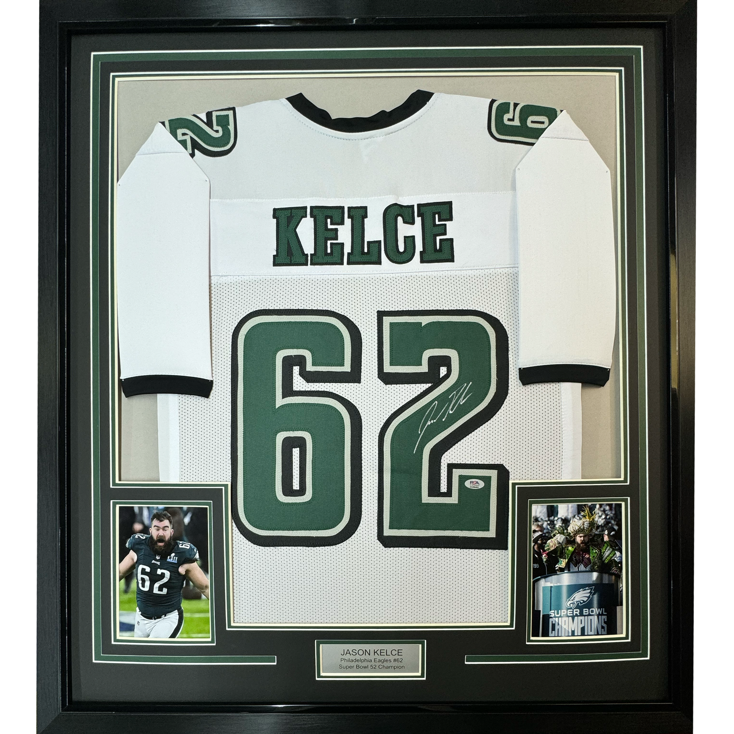 Framed Autographed/Signed Jason Kelce 35x39 Philadelphia White Football Jersey PSA/DNA COA