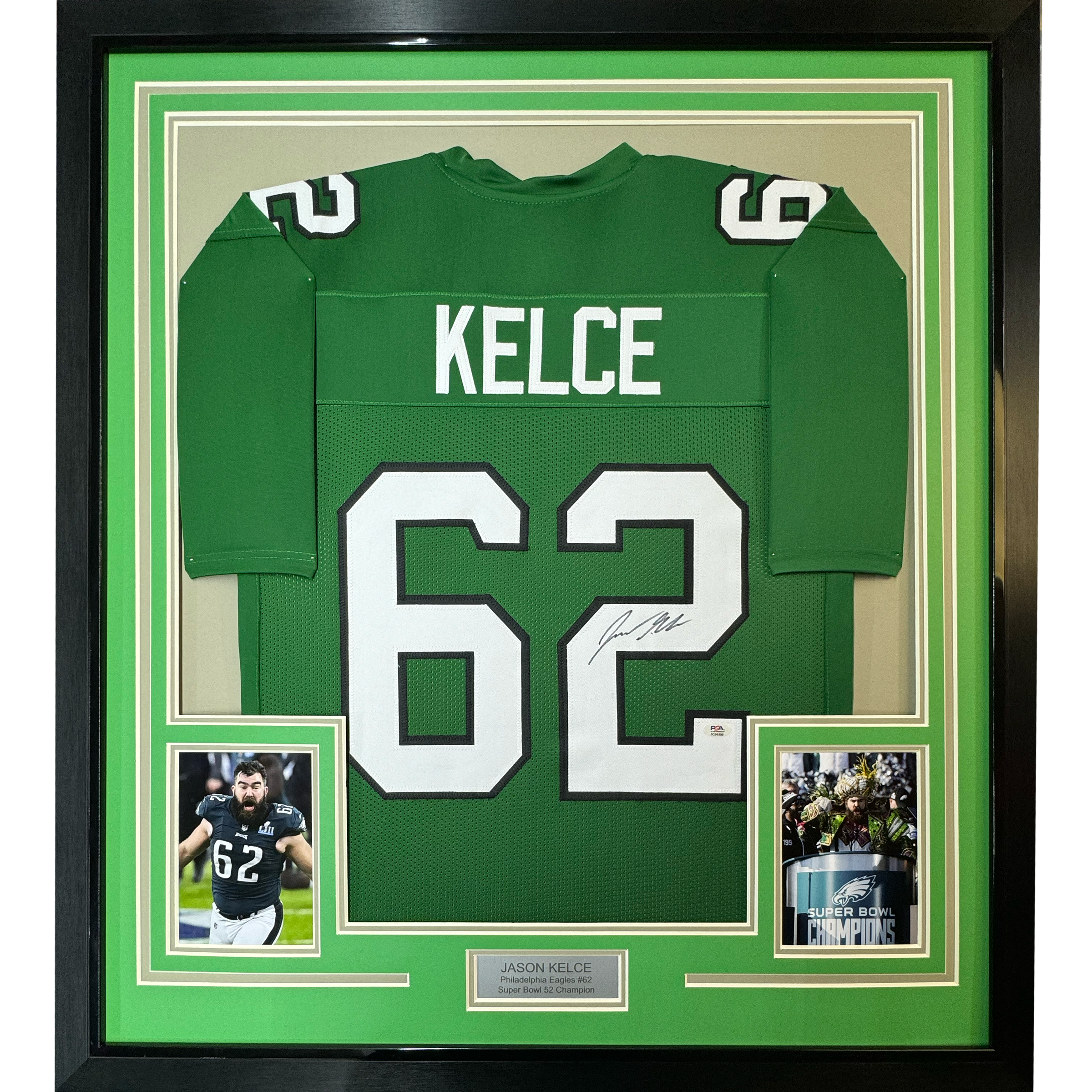 Framed Autographed/Signed Jason Kelce 35x39 Philadelphia Kelly Green Football Jersey PSA/DNA COA