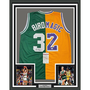 Autographed Larry Bird & Magic Johnson Framed Dual Basketball Jersey