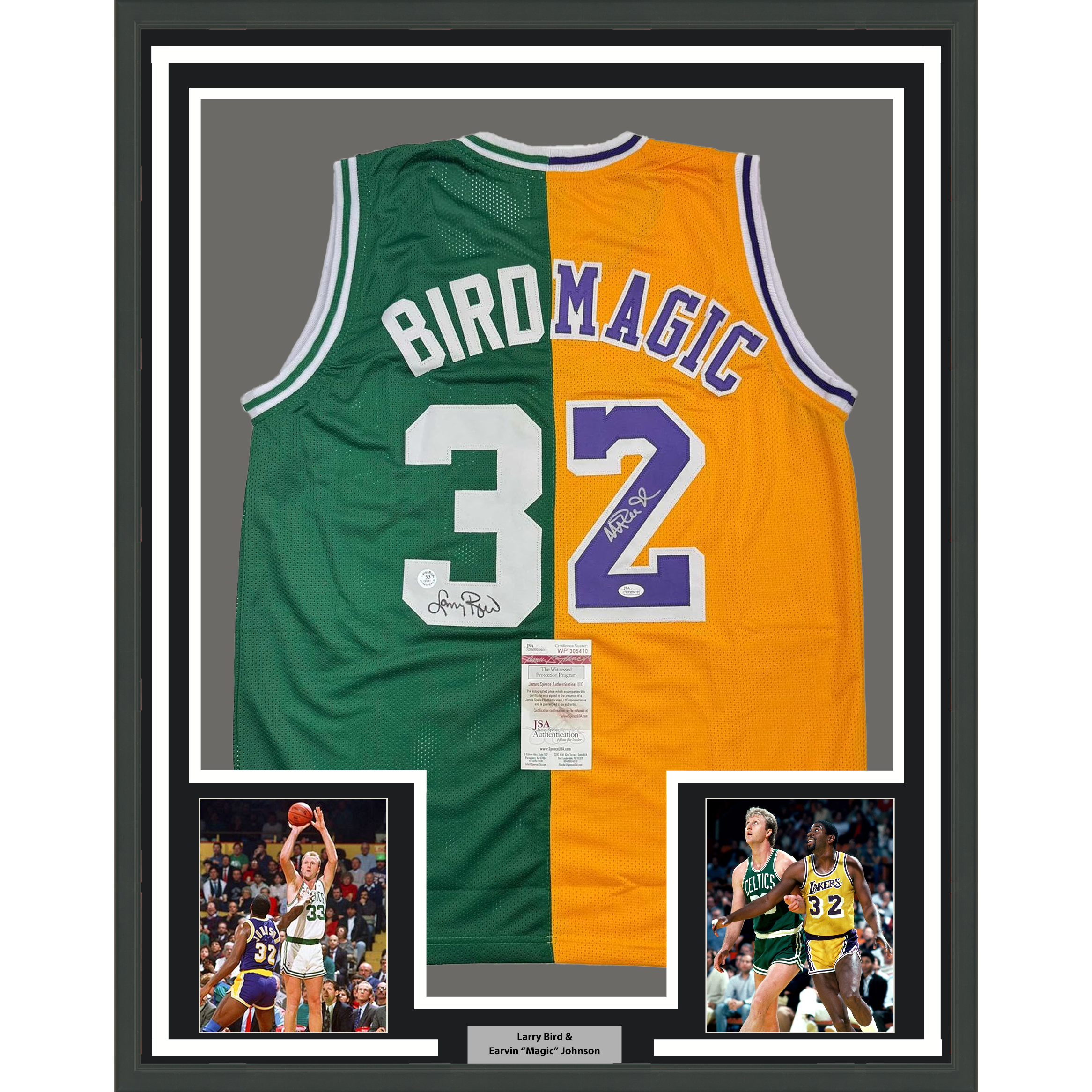 Autographed Larry Bird & Magic Johnson Framed Dual Basketball Jersey