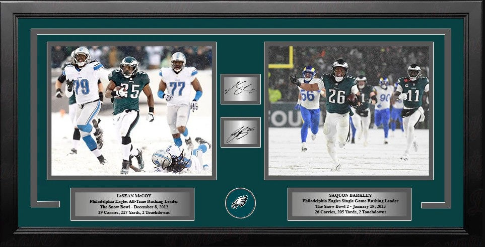 LeSean McCoy & Saquon Barkley Snow Bowl Philadelphia Eagles Framed Photos with Engraved Autographs