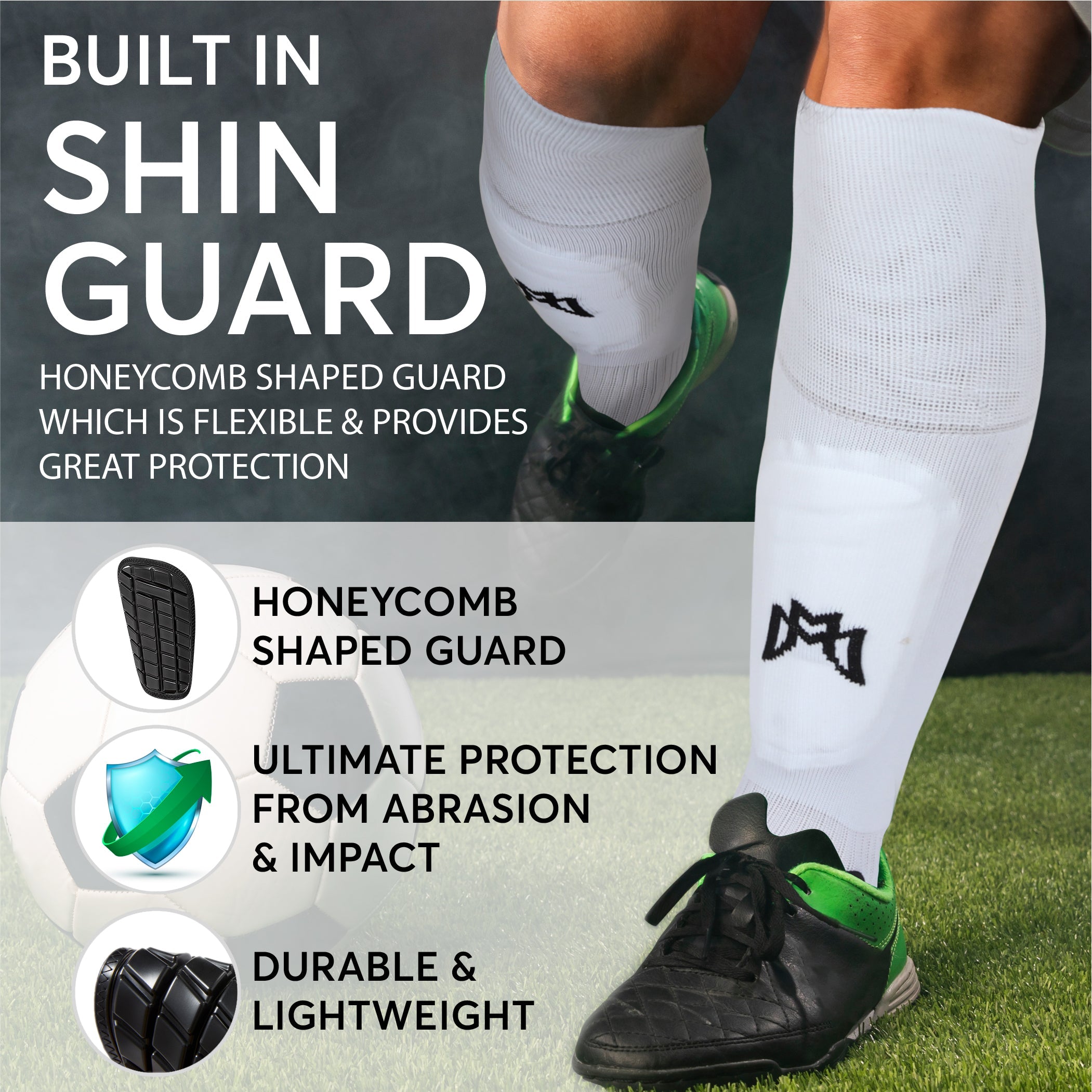 All-in-One Grip Socks with Built in Shin Guards - Full Length