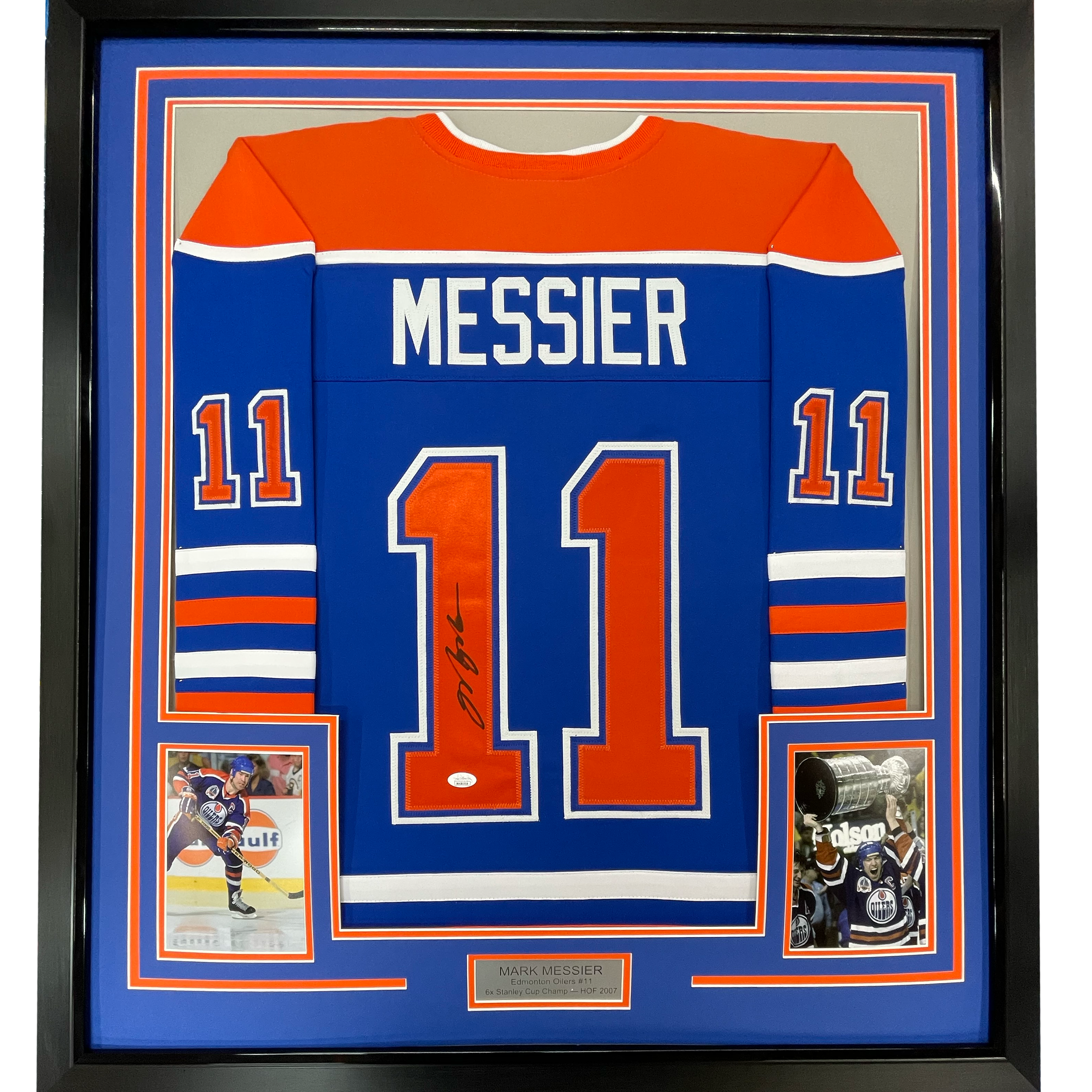 Autographed Framed Mark Messier Edmonton Blue Hockey Jersey