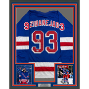 Framed Autographed/Signed Mika Zibanejad 35x39 New York Blue Hockey Jersey Beckett BAS COA