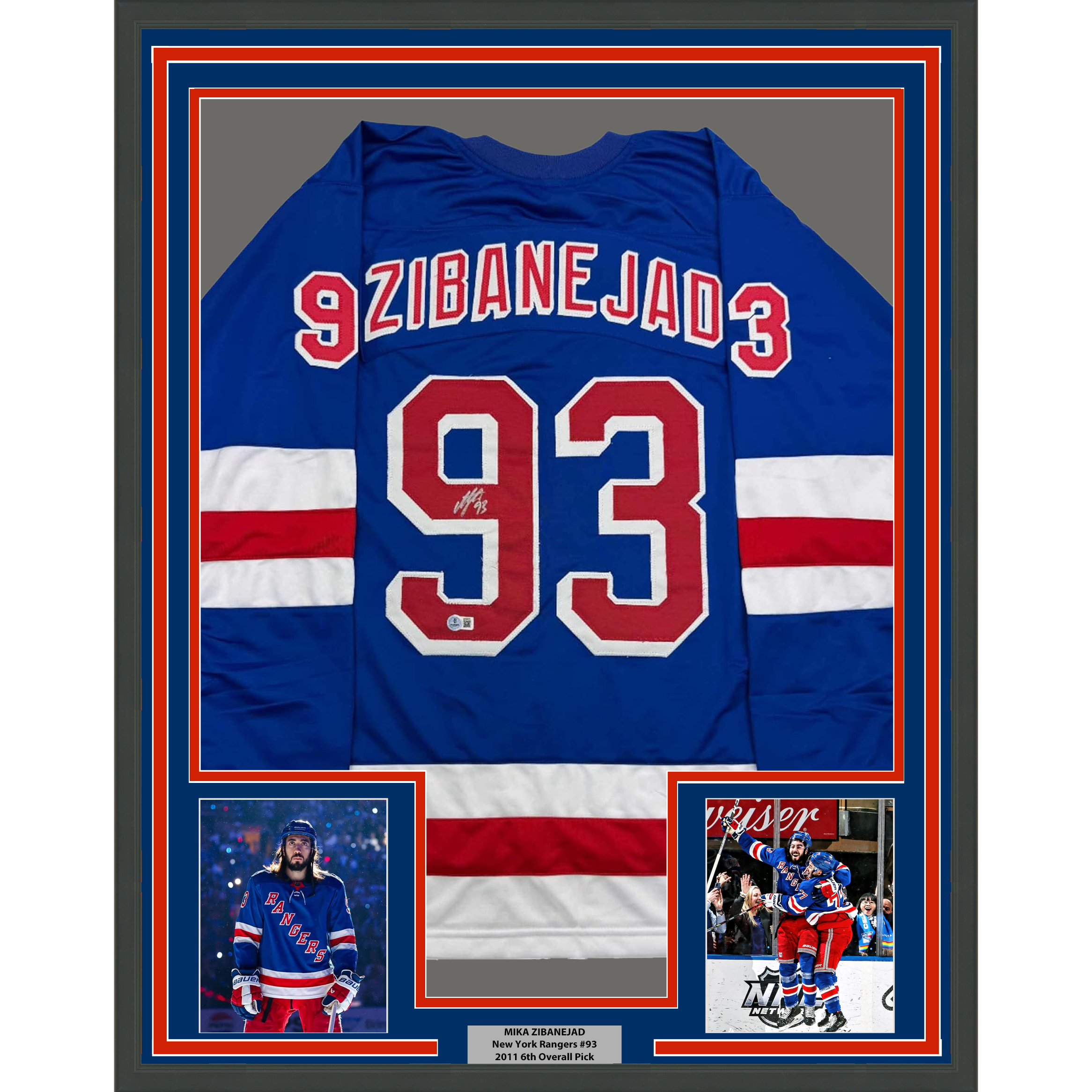 Framed Autographed/Signed Mika Zibanejad 35x39 New York Blue Hockey Jersey Beckett BAS COA