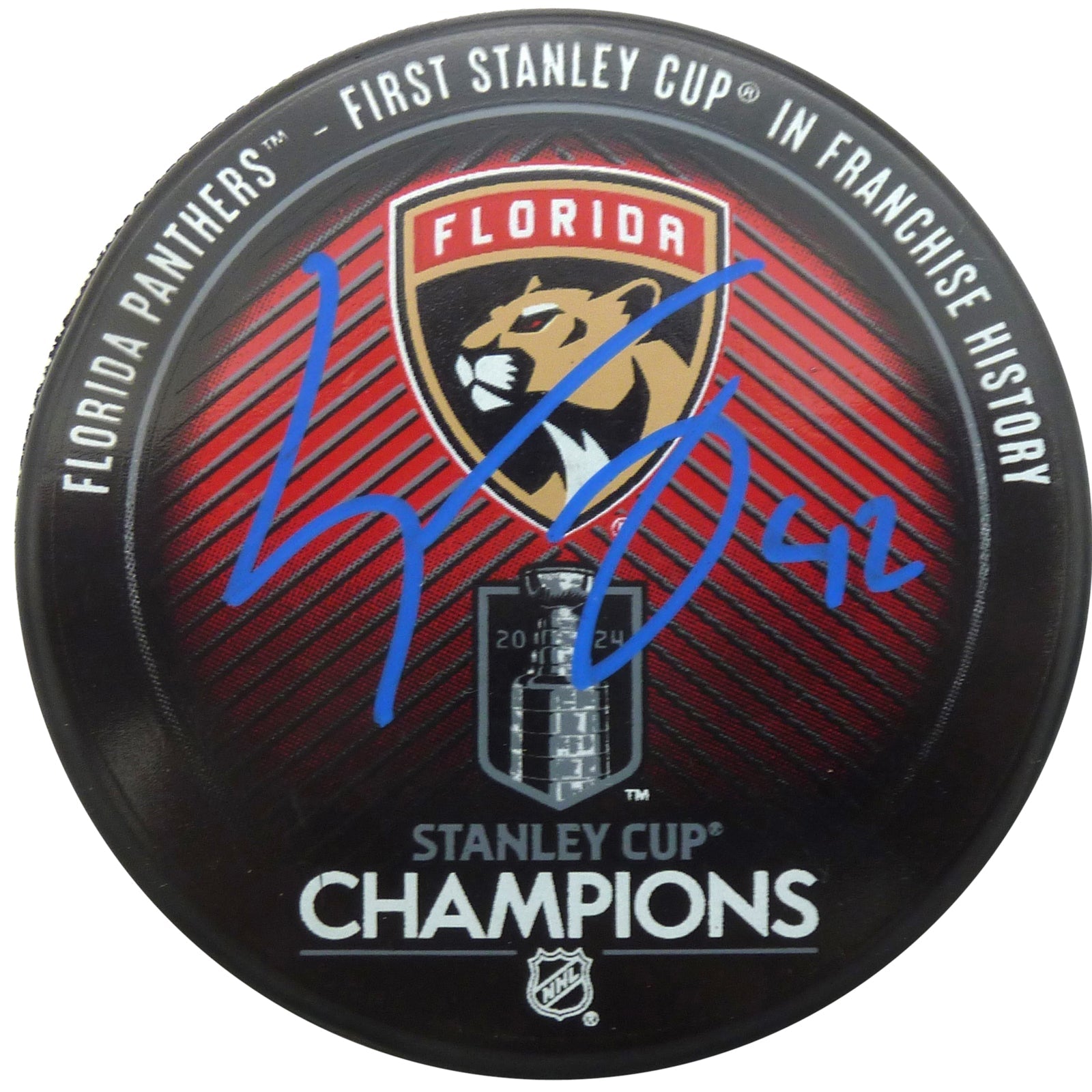 Autographed Florida Panthers Gustav Forsling Stanley Cup Champs Logo Hockey Puck