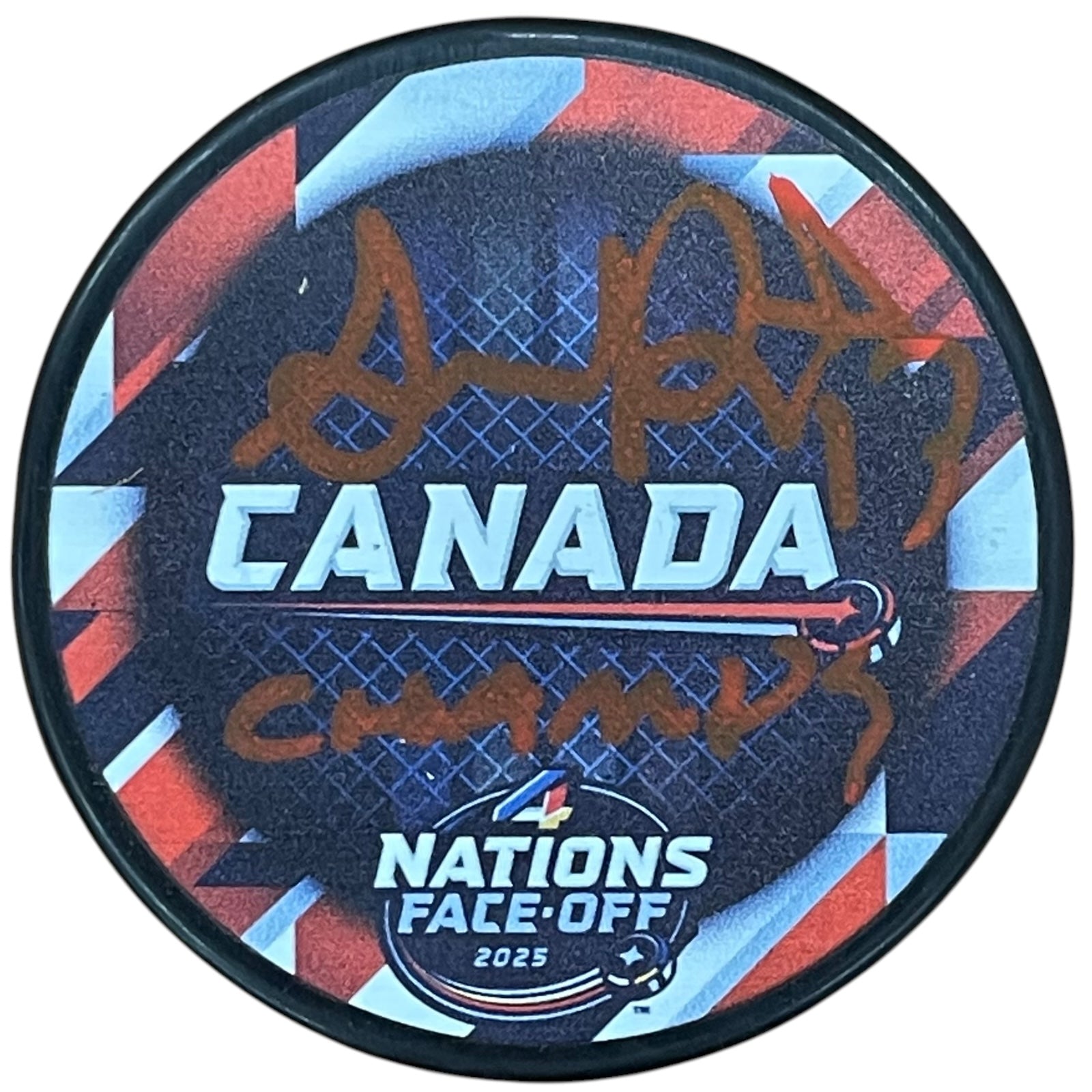 Autographed Team Canada Sam Reinhart 4 Nations Hockey Puck with "Champs"