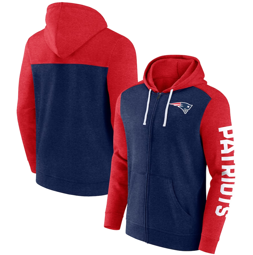 New England Patriots Heather Navy Blue Down & Distance Full-Zip Hoodie