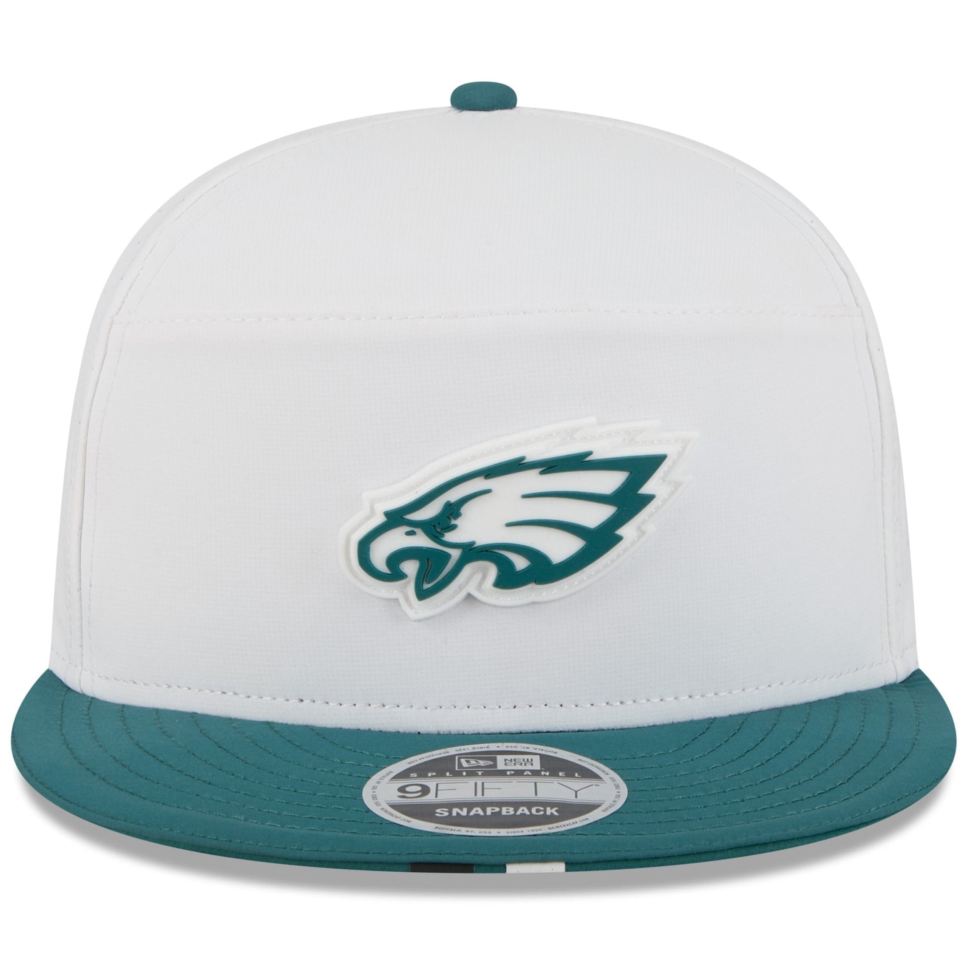 White and teal Philadelphia Eagles snapback cap with logo on a white background