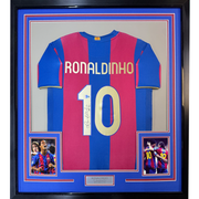 Framed Autographed/Signed Ronaldinho 35x39 Barcelona Blue/Red Soccer Jersey Beckett BAS COA