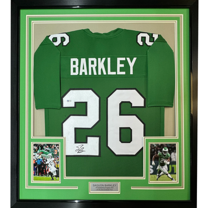 Autographed Saquon Barkley Framed Philadelphia Eagles Kelly Green Football Jersey