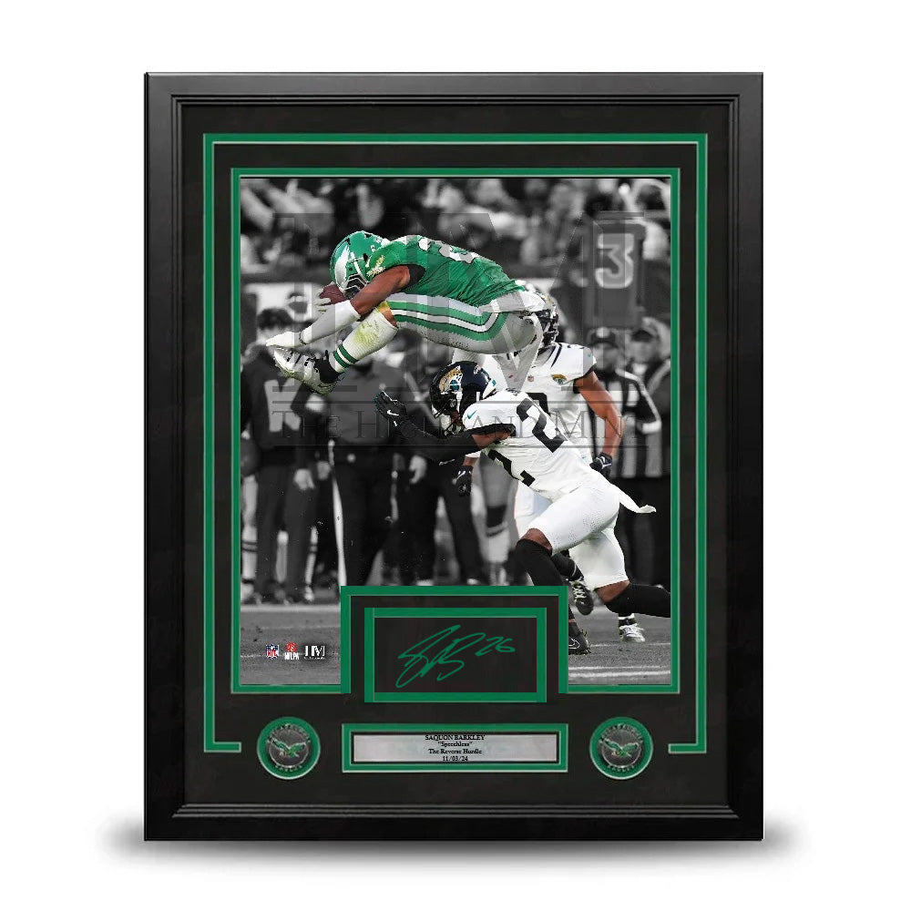 Autographed Saquon Barkley Philadelphia Eagles Reverse Hurdle Framed Photo