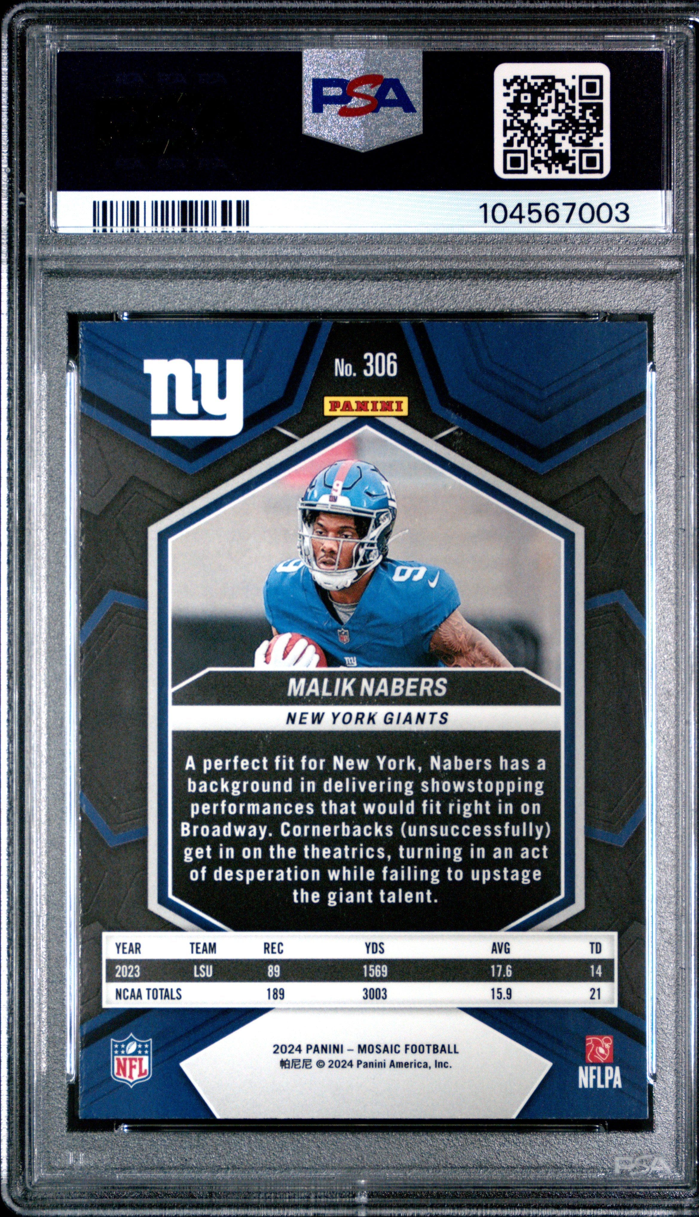 Malik Nabers Graded 2024 Panini Mosaic #306 Rookie Football Card